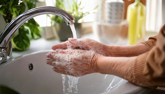 Elderly washing Hands at a Sink - Pandemic Bacteria, Disease, Sickness Prevention - Wash Hands with Anti Bacterial Soap and Sanitzer Gel - Personal Hygiene - Soapy Hands