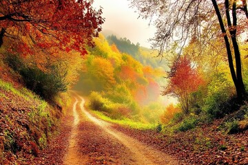 Autumnal forest path winding through colorful trees in a misty landscape.  Fall foliage in vibrant hues of red, orange, and yellow line a dirt road