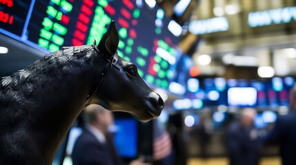 Black horse statue in front of a stock exchange ticker board, showcasing financial market dynamics and equestrian symbolism. : Generative AI