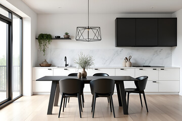 Minimalist Black and White Kitchen and Dining Room Interior with Marble Countertop