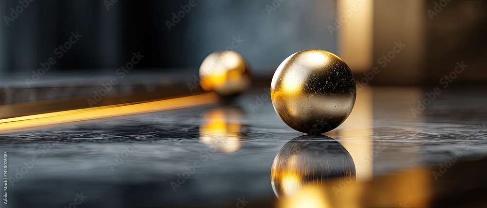 Poster a shiny golden sphere rests on a reflective marble surface, creating an elegant and modern scene wit