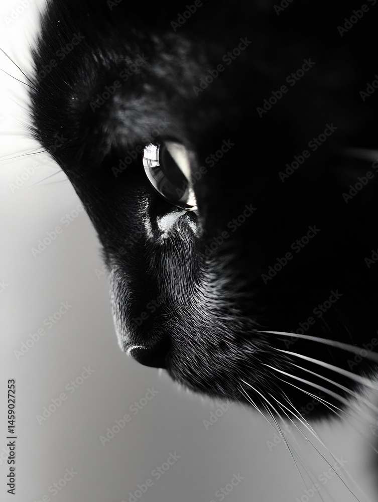 Aufkleber Close-up profile view of a black cat's face, showcasing its intense gaze and sleek fur texture. The image is in monochrome, emphasizing the contrast between light and shadow. : Generative AI