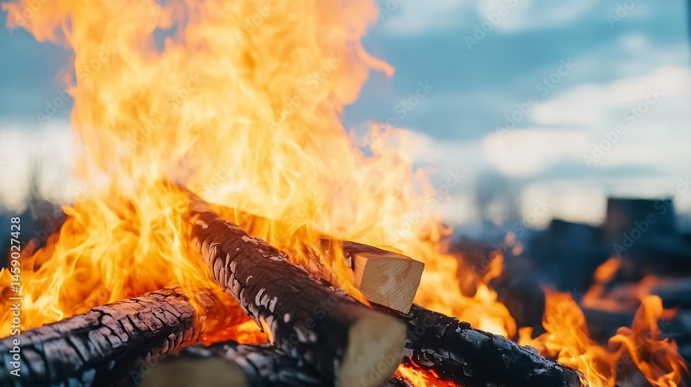 Poster close-up view of a vibrant bonfire with burning logs and intense orange flames against a blurred sky