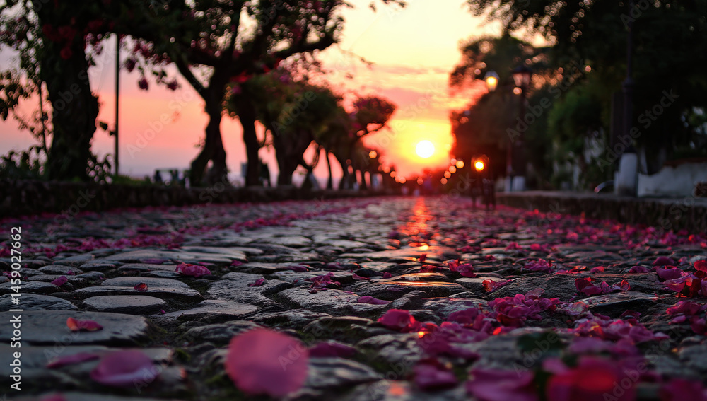 Poster cobblestone street strewn with pink petals at sunset, creating a romantic and serene atmosphere. tre