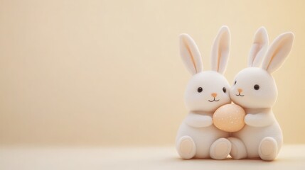 Fototapeta premium Two pastel bunnies embrace a pastel egg.