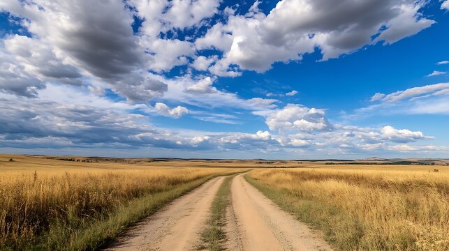 A dirt road winds through a golden wheat field under a vast, blue sky filled with fluffy cumulus clouds, offering a serene summer landscape. : Generative AI