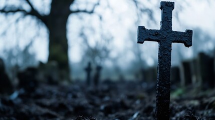 A weathered black cross stands prominently in the foreground of a somber, misty graveyard, with blurred tombstones and trees in the background, evoking a sense of mystery and quiet con : Generative AI