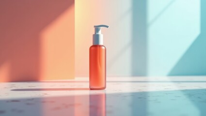 Plastic bottle. Orange hue. Modern design. Skincare usage. Cosmetic packaging. Health sector. Minimalist style. Soft lighting. Warm and cool tones. Lifestyle focus.