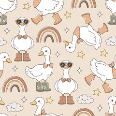 Boho Silly Goose Seamless Pattern Isolated on Natural Color Background Vector