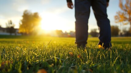 Person walking on green grass at sunset, low angle view, autumn colors in background. Golden hour light illuminates the scene, creating a warm and peaceful atmosphere. : Generative AI