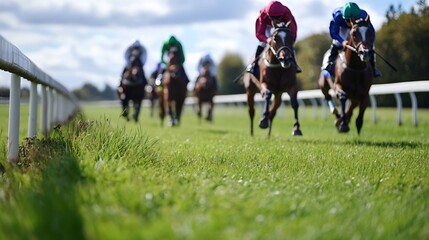 Blurred action shot of horse race, jockeys in colorful silks riding thoroughbreds, close-up on green grass and white fence. : Generative AI