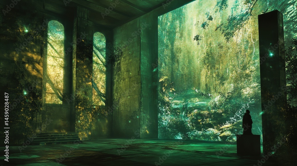 Poster digital projection art gallery where entire walls and floors display moving digital paintings.