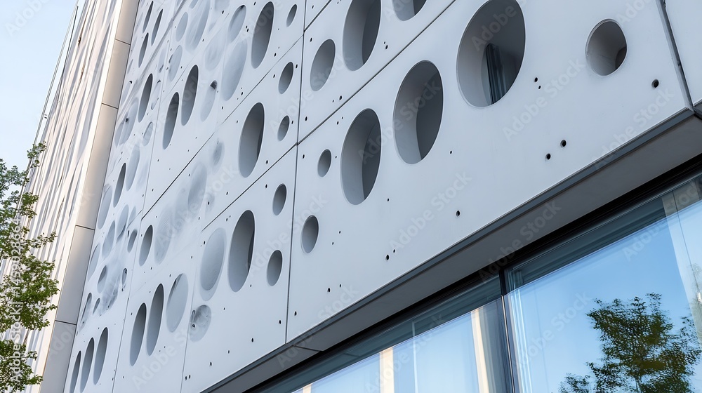 Leinwandbilder Modern building facade with circular cutouts, showcasing a contemporary architectural design. The light grey concrete panels create a unique texture and pattern. : Generative AI