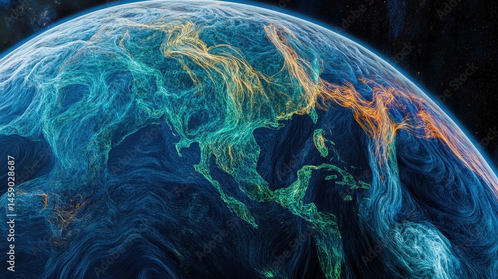Poster digital rendering of earth from space, showing the continents in vivid detail, with ocean currents v