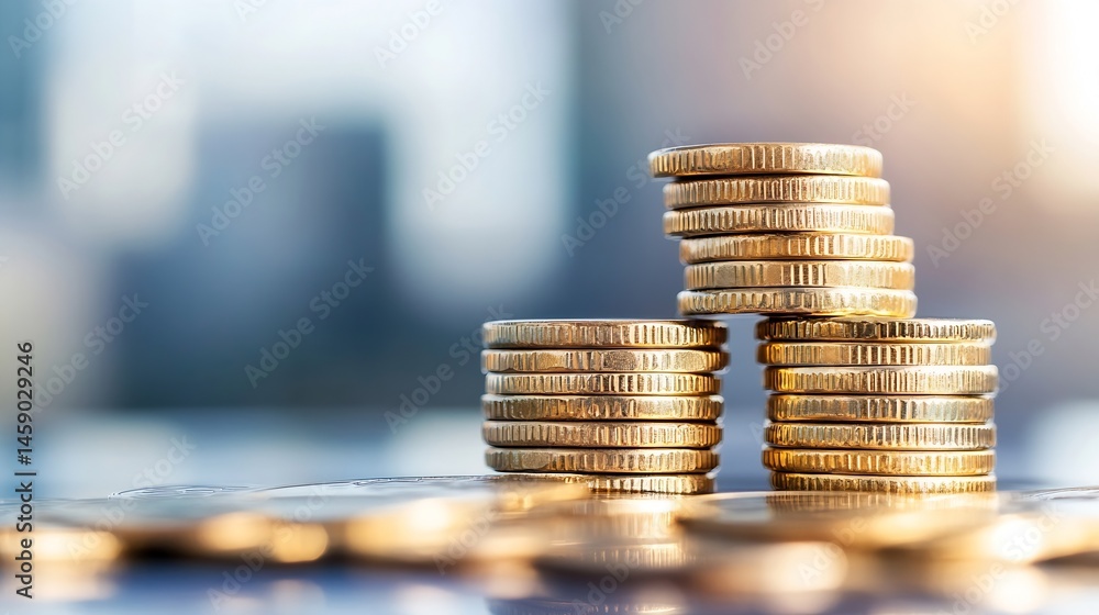 Poster three stacks of gold coins stand on a reflective surface, with a blurred city backdrop suggesting fi