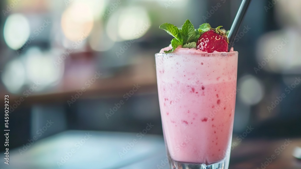 Poster refreshing strawberry milkshake in a tall glass, garnished with fresh mint and a strawberry, sits on