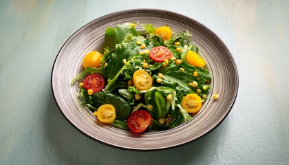 fresh mixed green salad with yellow cherry tomatoes and corn served in a round plate