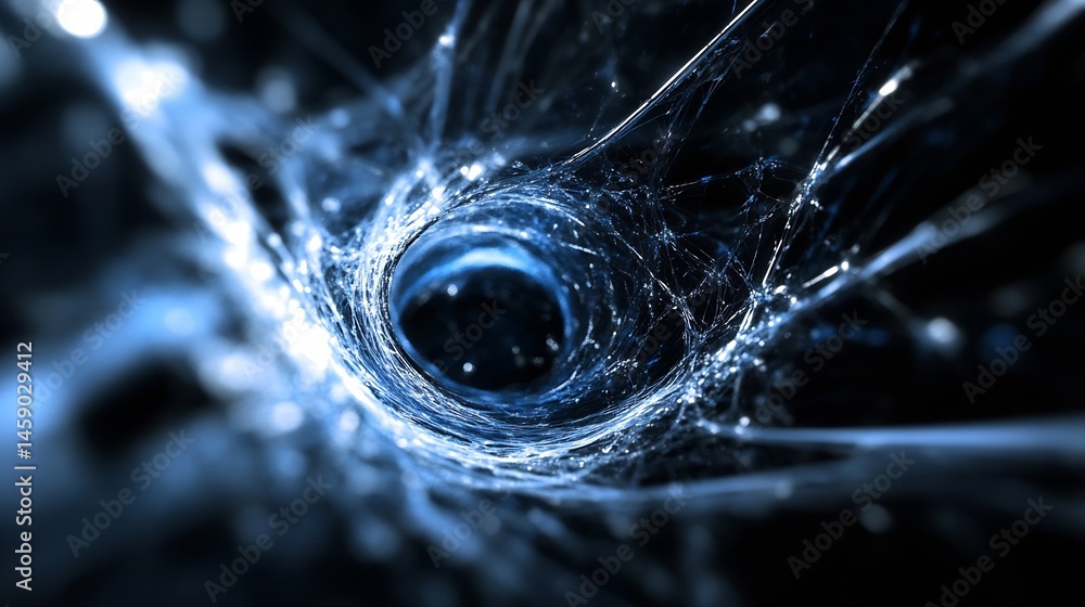 Poster Abstract swirling vortex of blue energy, resembling a cosmic tunnel or nebula, with intricate web-like structures and glowing particles. : Generative AI