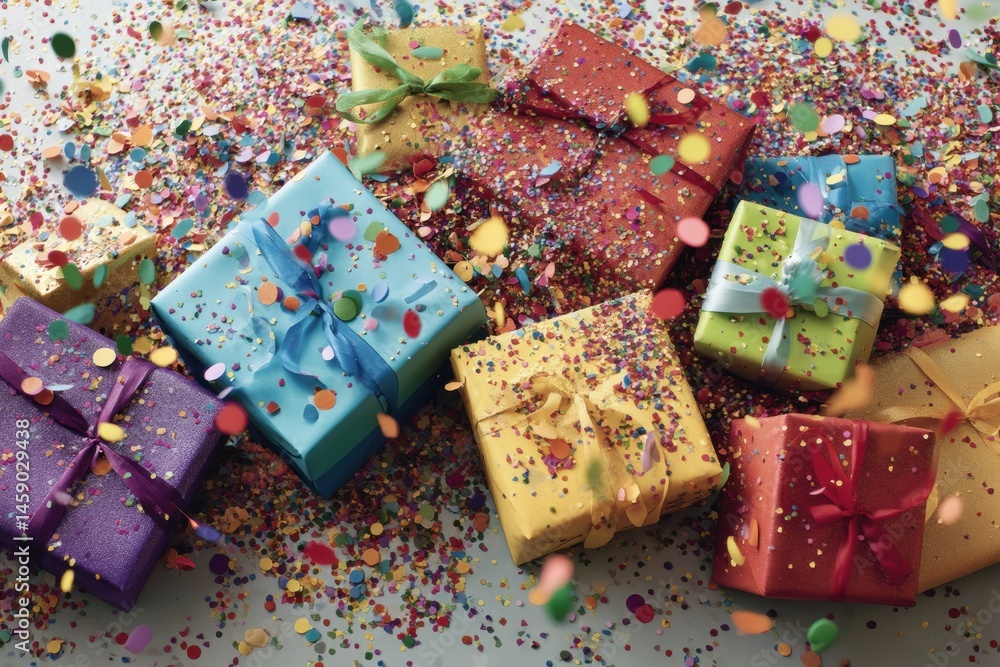 Leinwandbilder wrapped gifts burst with colorful confetti creating a festive atmosphere for celebrations and joyful