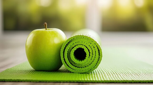 Green apple and exercise mat on wooden surface