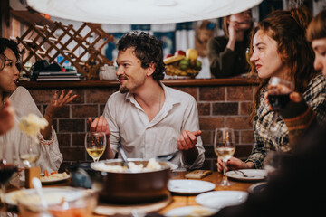 A lively gathering of friends at an indoor setting enjoying food, wine, and engaging conversation. Perfect embodiment of companionship and celebration among close acquaintances.