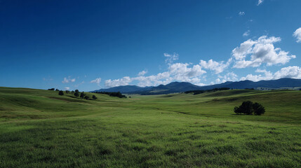 Naklejka premium Vast Blue Sky Over Rolling Green Meadow Sunlit Landscape Peaceful Countryside View Open Fields Gentle Breeze Nature Scenery
