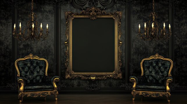 Opulent Dark Interior with Golden Baroque Armchairs and Grand Mirror