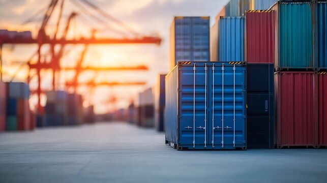 A single blue shipping container stands prominently in the foreground, with a blurred background of numerous other containers and large industrial cranes at sunset, suggesting a busy p : Generative AI