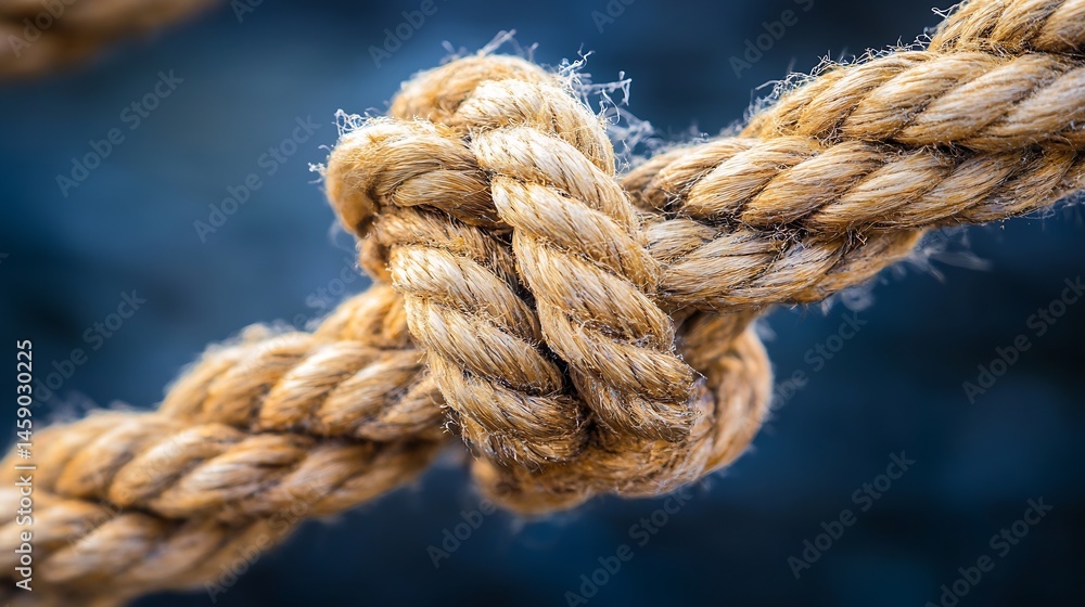 Fototapete close-up view of a knotted beige rope, showcasing its texture and intricate detail against a blurred