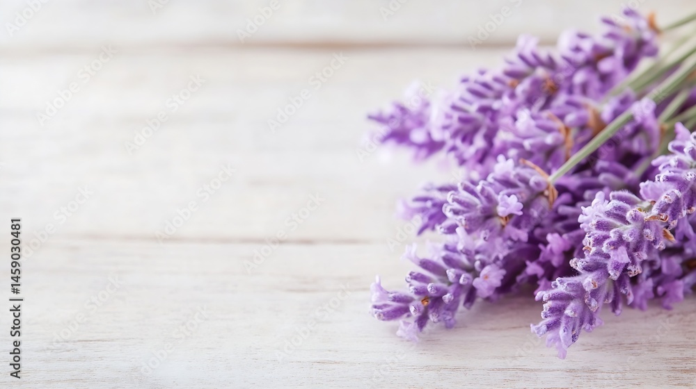 Leinwandbilder A fragrant bunch of lavender blossoms rests on a rustic white wooden surface, creating a calming and serene scene perfect for aromatherapy or spa-related projects. : Generative AI