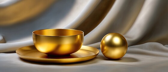 A golden bowl, plate, and sphere are arranged on draped satin fabric, creating a luxurious and elegant still life scene.