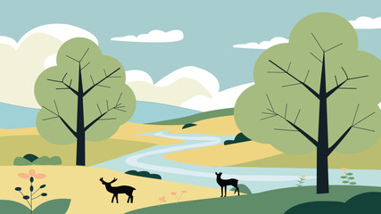 Flat design illustration of deer by a river with greenery 