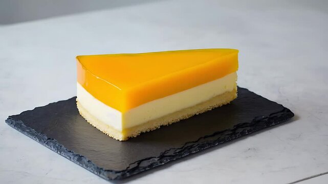 Rectangular mango mousse cake slice