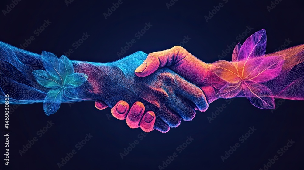 Poster harmonious collaboration symbolized by an abstract handshake illuminated with botanical elements