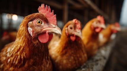 Fototapeta premium Close-up of brown chicken looking at camera inside a poultry farm with other hens in background, representing biosecurity issues and potential avian flu vectors in egg production systems