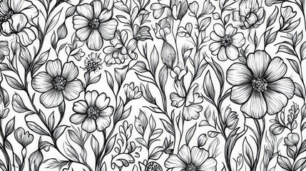 Fototapeta premium doodle-style simple floral pattern with whimsical hand-sketched flowers and leaves, forming a charming and playful botanical design