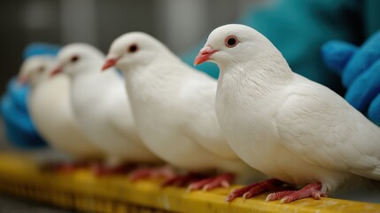Row of white doves under laboratory inspection on yellow platform with gloved hands nearby, highlighting scientific examination and virus surveillance in avian species during flu outbreaks