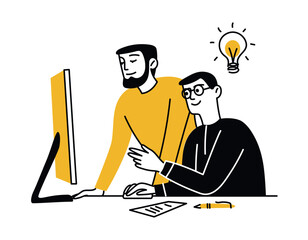 Two men using laptop, working on project. Concept of idea implementation. Digital technologies. Vector isolated doodle illustration, simple style, outline