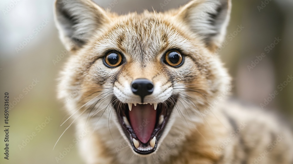 Poster close-up portrait of a playful fox, its mouth open in a joyful expression, revealing sharp teeth and
