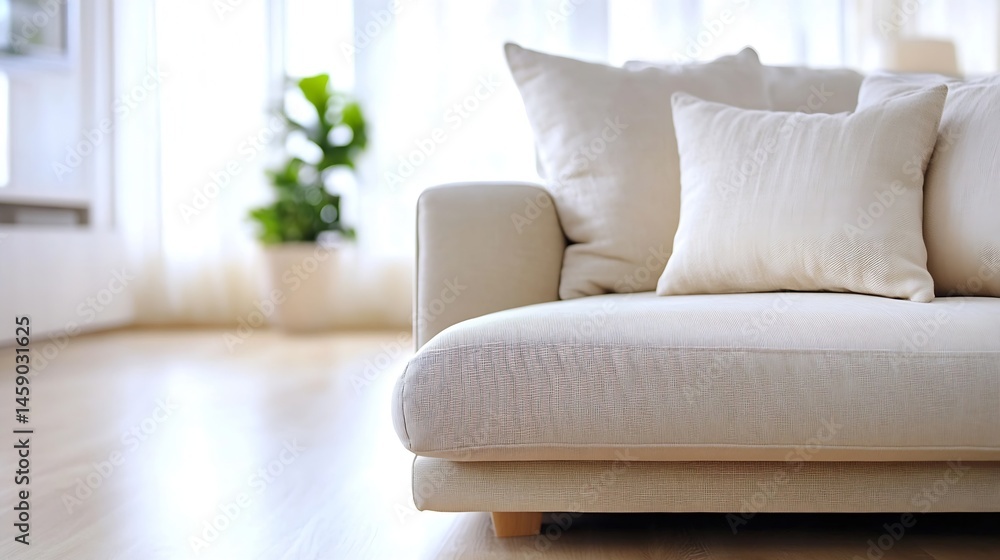 Poster close-up view of a beige sofa with plush cushions, situated in a bright, modern living room near a l