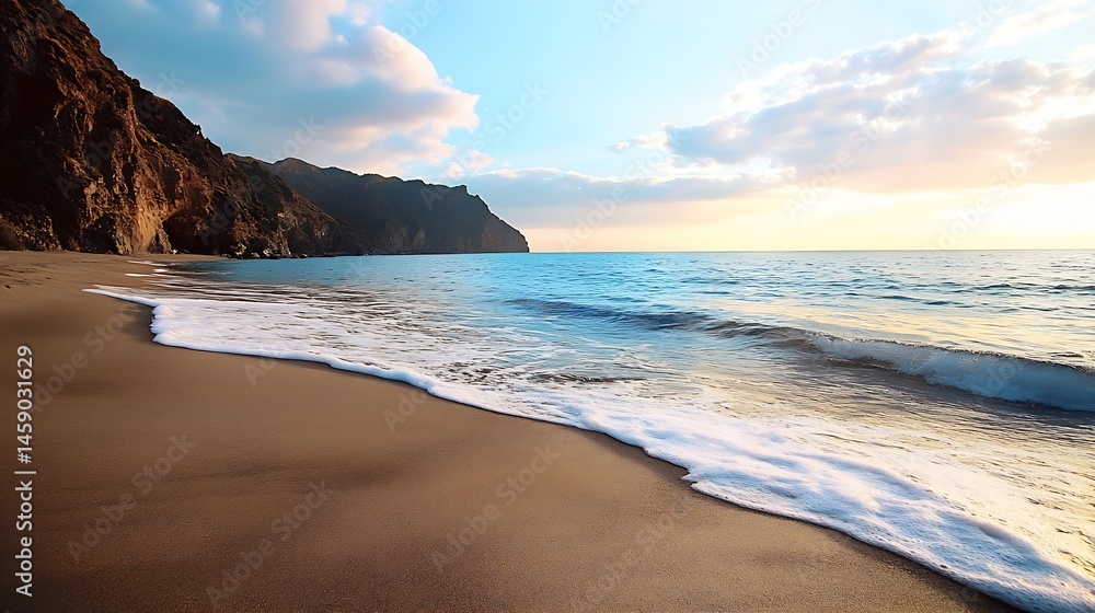 Aufkleber serene sunset view of ocean waves gently lapping a sandy beach, with dramatic dark cliffs rising in 