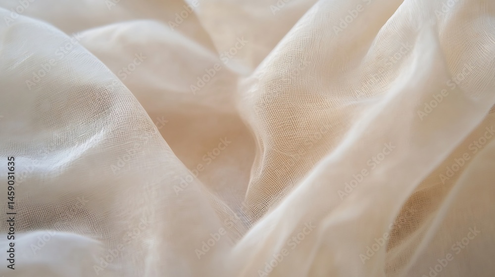 Poster close-up view of beige fabric with subtle texture and delicate folds, showcasing its soft, sheer, an