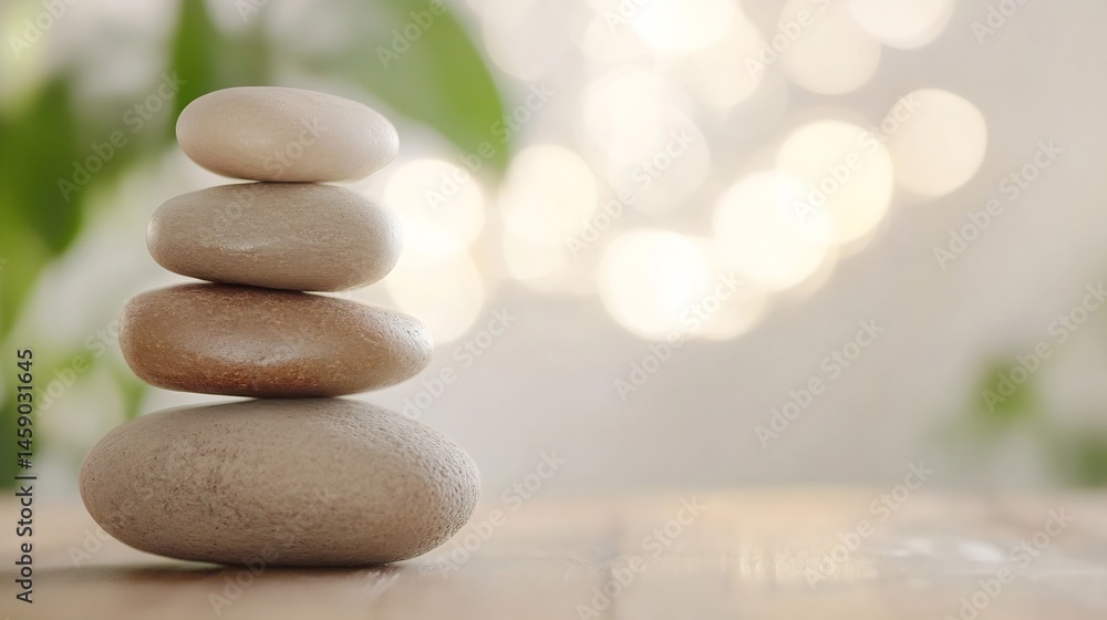 Poster serene stack of balanced stones on wooden surface, soft bokeh background with green and beige tones,