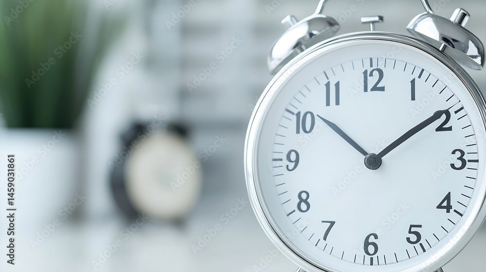 Poster close-up of a silver alarm clock showing the time, with a blurred background suggesting an office or