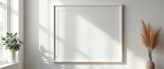Empty white frame on wall with light shining through window
