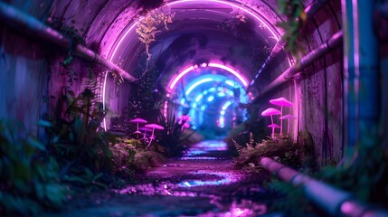 Tunnel of glowing lights, with overgrowth of plant life, and mushrooms, creating a surreal and mystical atmosphere, illuminated by neon lights.