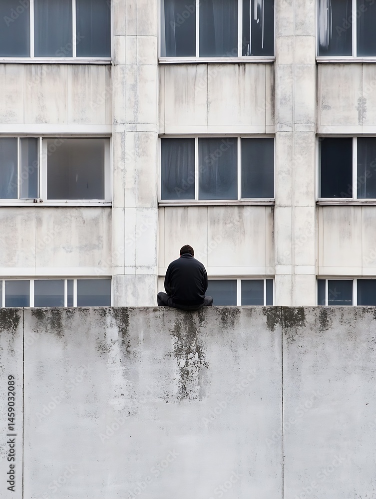 Poster a lone man sits on a weathered concrete wall, gazing at a large, aged white building with many windo