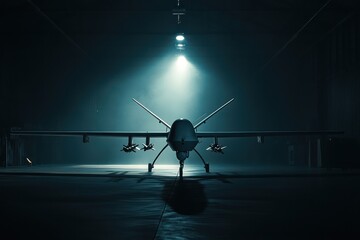 Armed MQ-9 Reaper drone in dim military hangar
