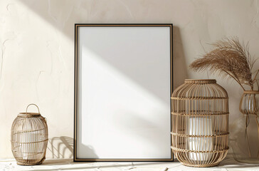 frame mockup poster is leaning on a white wall with plant decoration