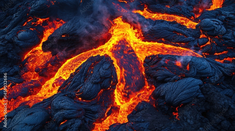 Poster dramatic fluid motion with molten red and orange streaks resembling lava flowing dynamically